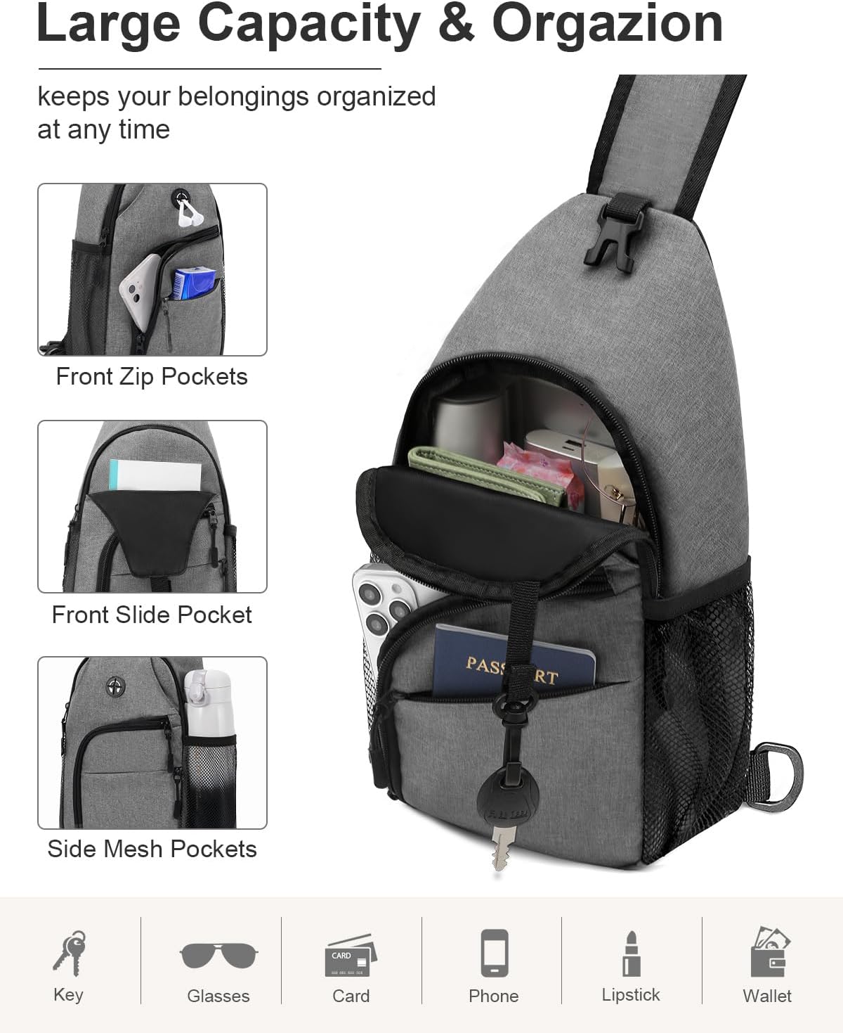 Crossbody Bags for Women Man Waterproof Sling Bag Backpack Trendy Casual Cross Body Bag with Convertible Shoulder Strap Chest Bag for Camping Hiking Travel Essentials (Grey, Medium)