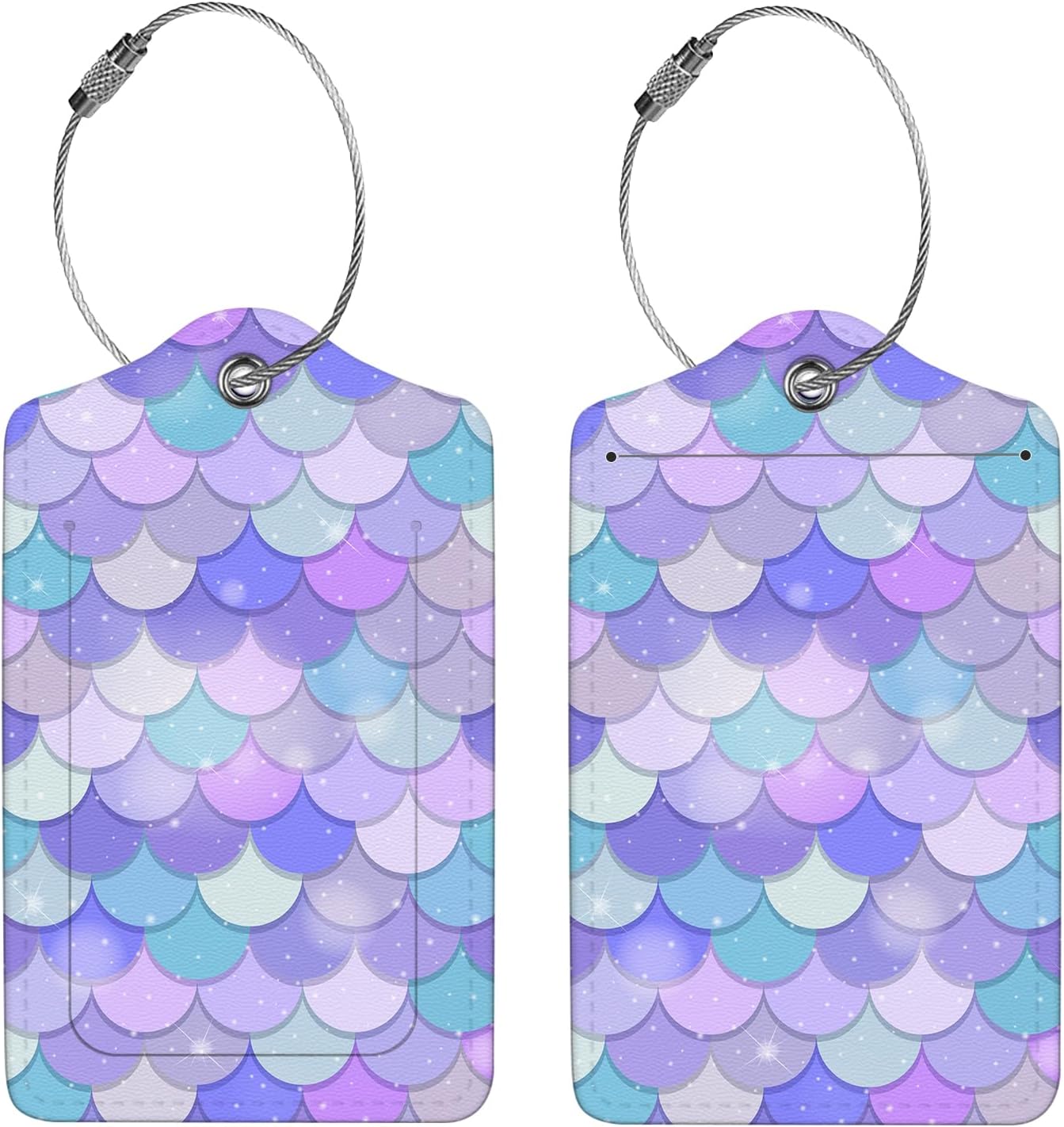 2 Pcs Luggage Tags for Suitcase, Cute Unique PU Leather Travel Bag Tag with Privacy Cover ID Label Address Card and Durable Metal Ring Suitable for Men Women Children Backpack, Fish Scales