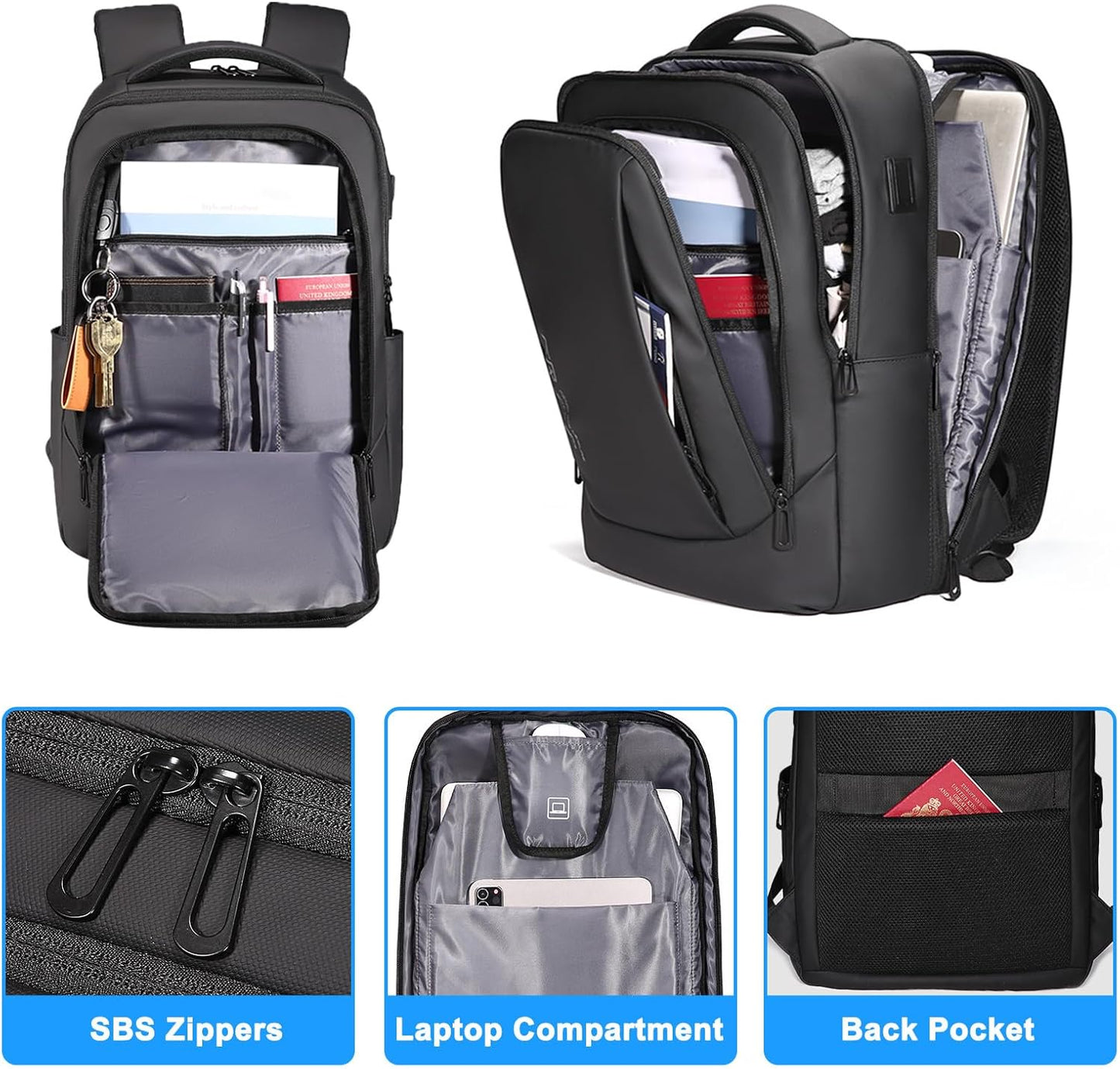 FENRUIEN 15.6 Inch Laptop Backpack, Slim Business Backpack with USB Charging Port, Water Resistant Computer Backpack for Work/Travel, Black