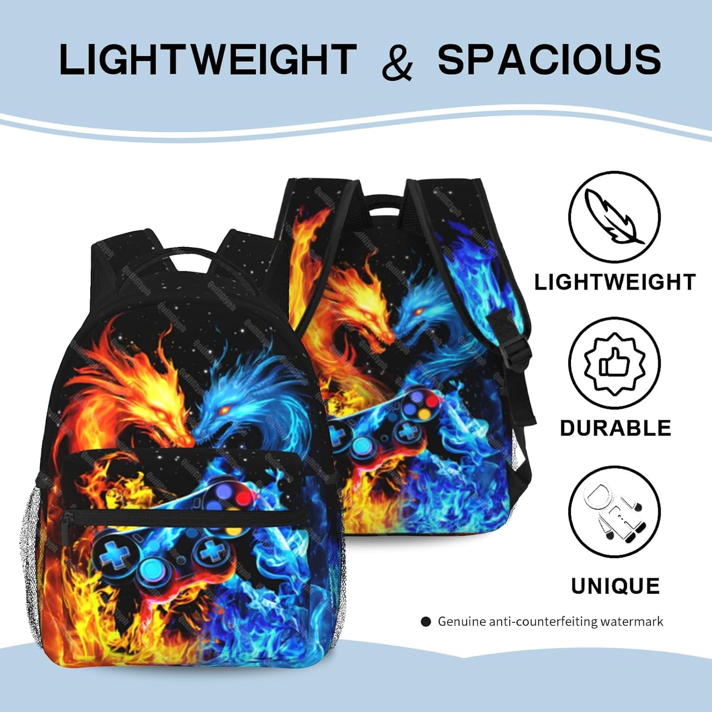 School Backpack For Boys Abstract Gamepad Boys Backpack For Kids Children Teens Elementary Middle School Boy Backpacks Ages 6-18 Fire Dragon Bookbag back pack