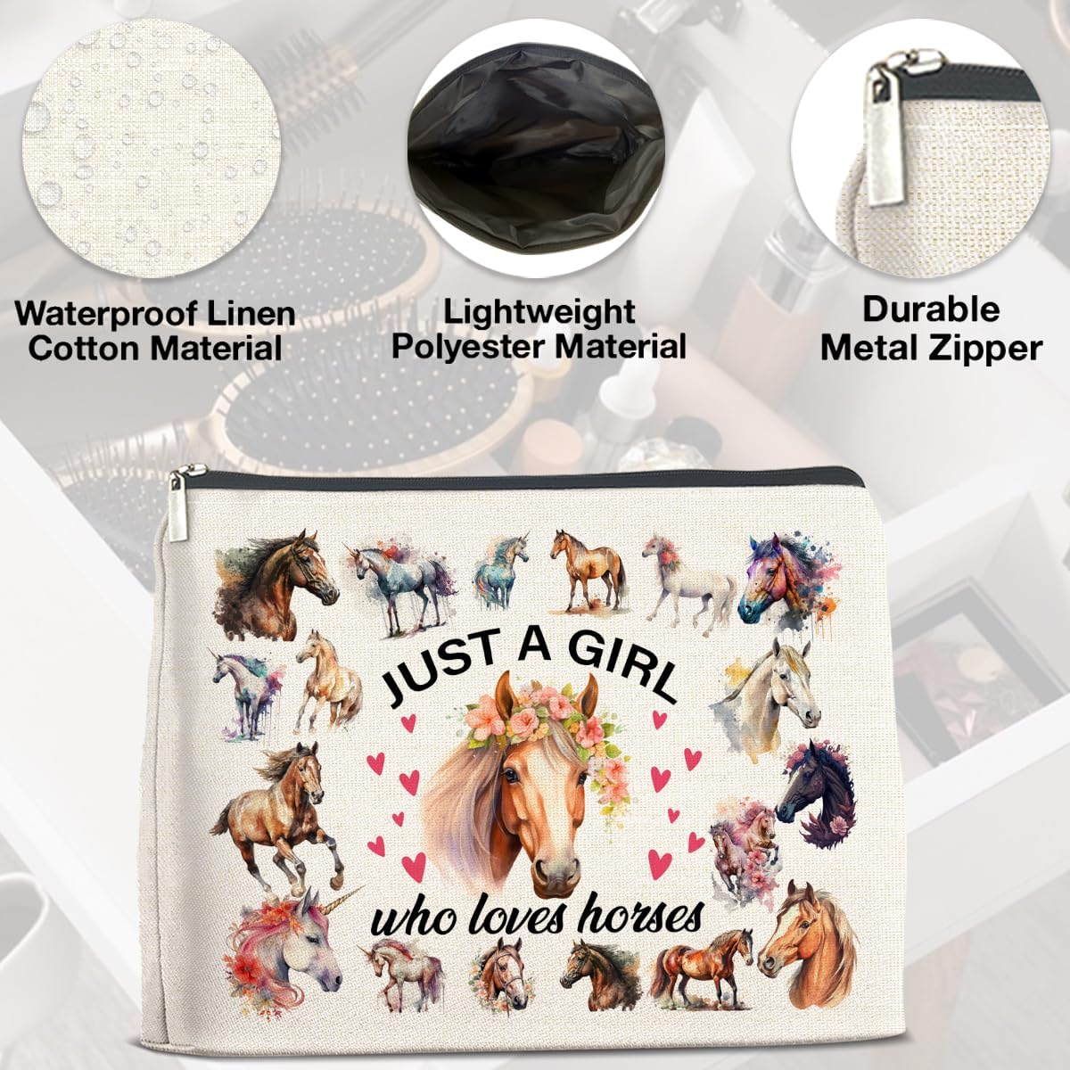 Horses Gifts Makeup Bag Funny Horse Lover Gifts for Girl Women Cowgirl Cosmetic Bag Just a Girl Who Loves Horses Zipper Makeup Pouch Gift