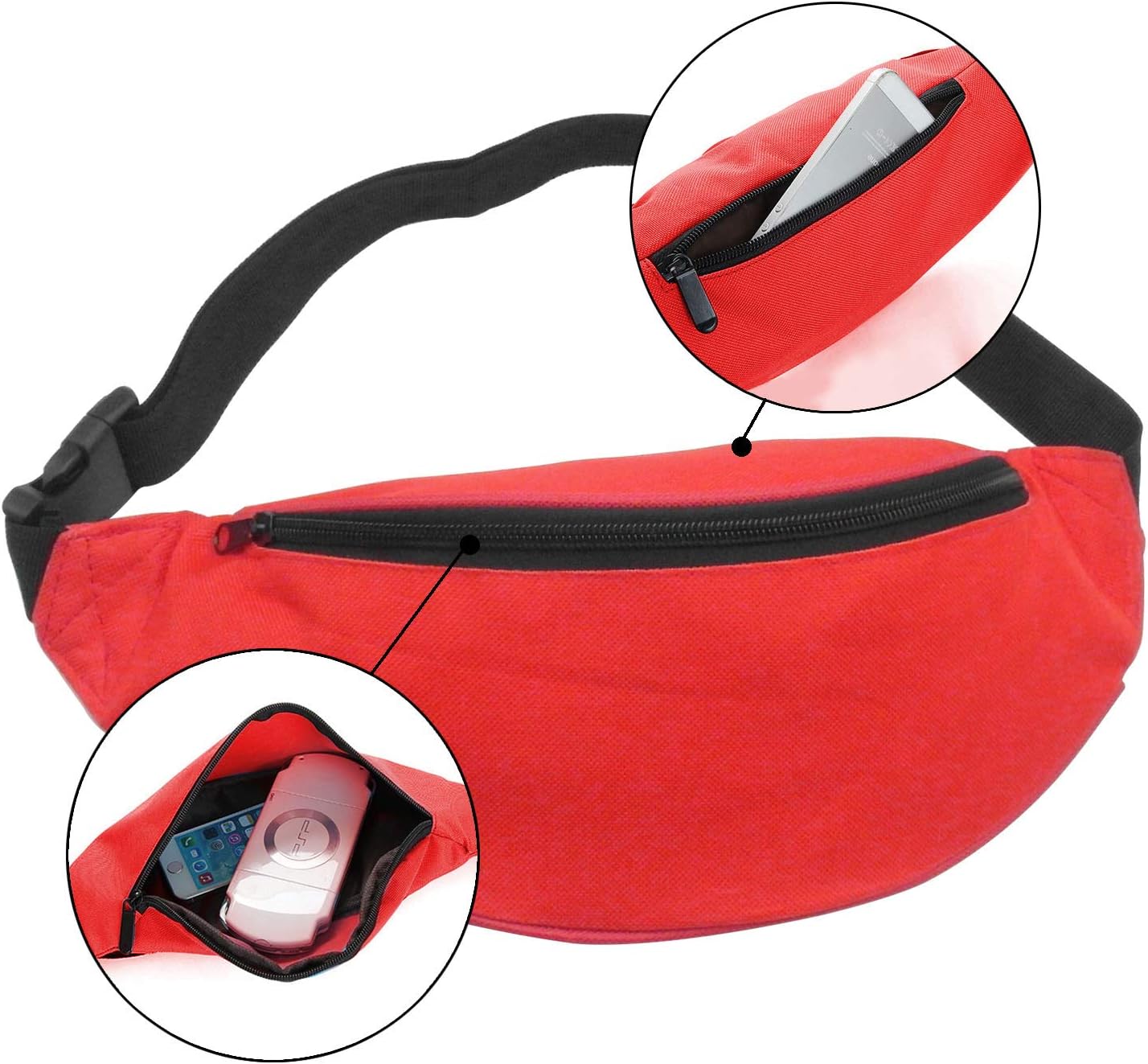 INNOLIFE Unisex Men Women Fashion Sporty Multi-purpose 2-Zipper Waist Belt Bag Fanny Pack Adjustable Strap for Sport Hiking Traveling Passport Wallet(3-pack Black purple Red)
