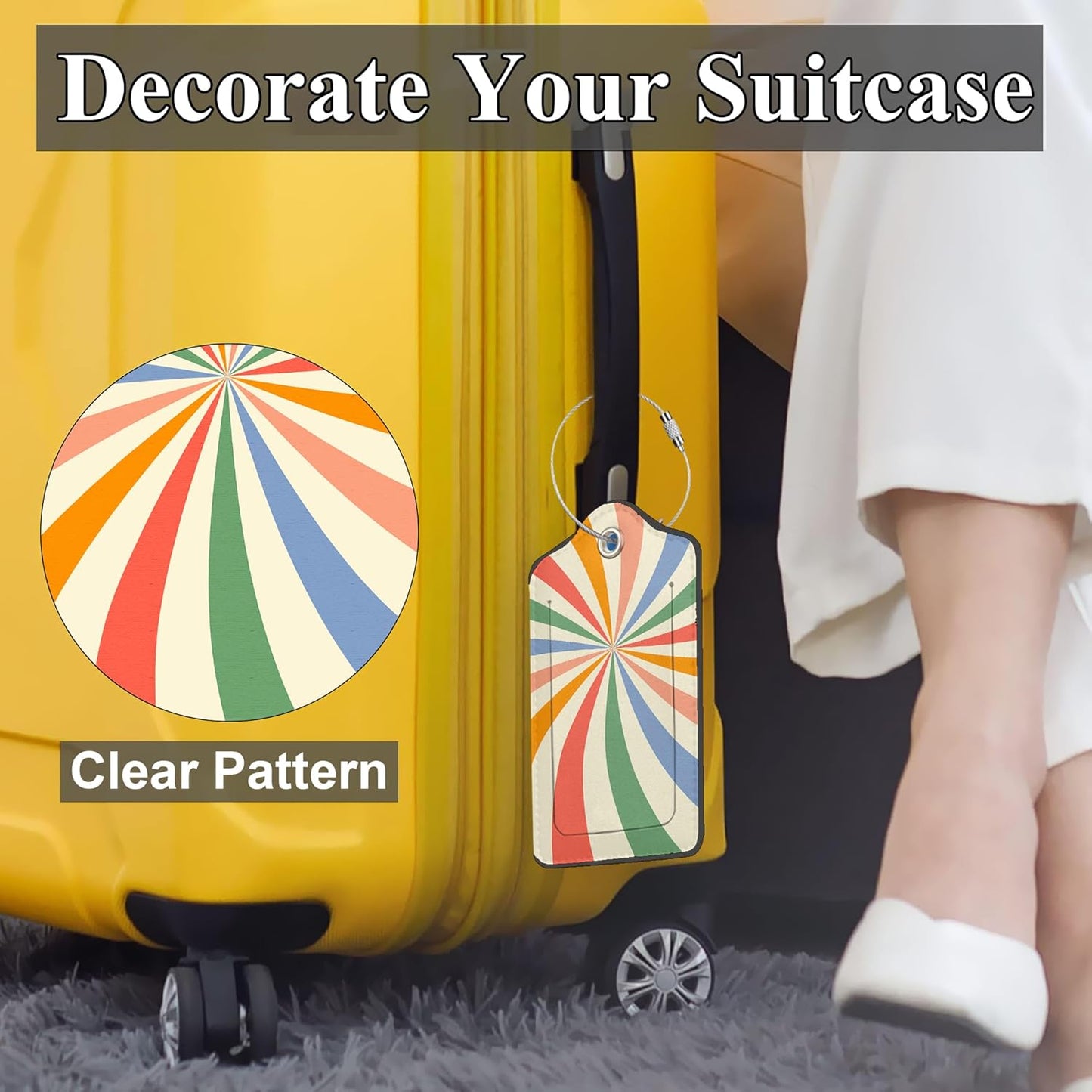 Set of 2 Luggage Tags for Suitcases, Leather Abstract Colorful Twisted Checkered Baggage Tags with Stainless Steel Loop, Privacy Name ID Card Cover Travel Labels for Women Men Kids Girls