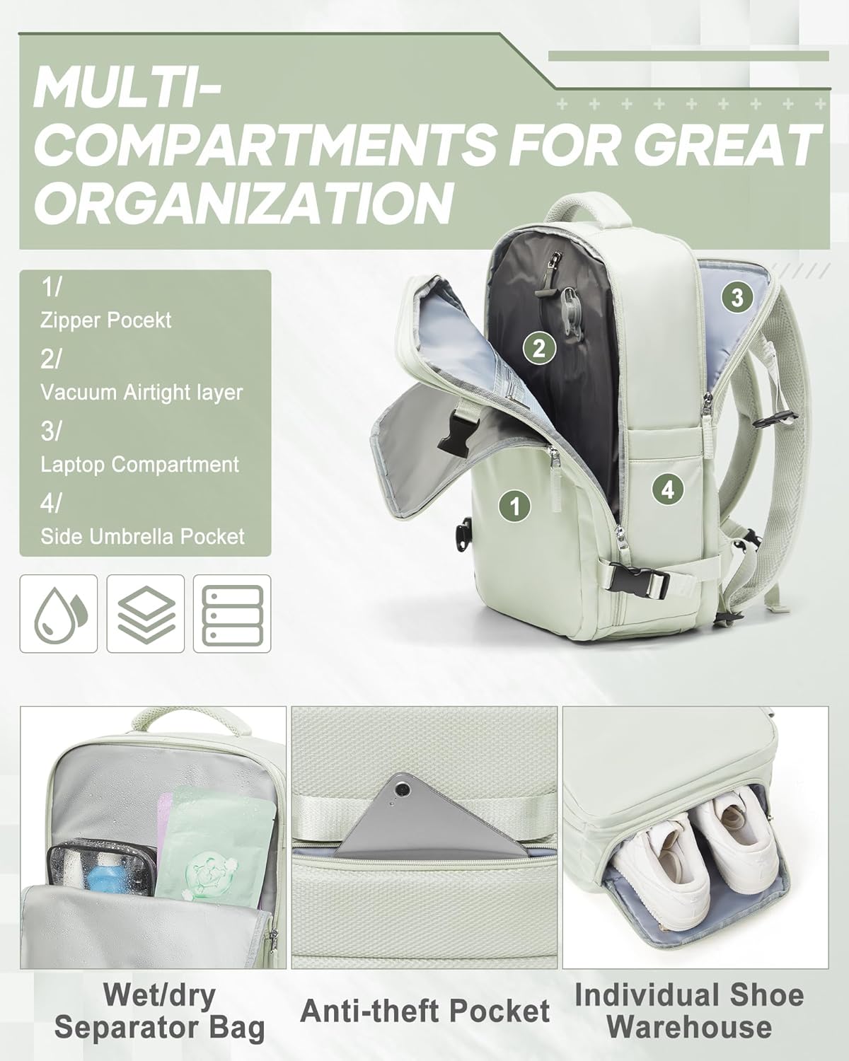 suwasp Vacuum Compression Backpack, 45L Expandable Travel Backpack with Electric Vacpack Pump, Travel Vacuum Bags with Shoe Compartment/17inch Laptop Compartment/USB Port, Mintgreen