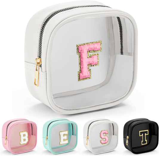 YOOLIFE Initial Make Up Bag Travel Toiletry Bag, Clear Makeup Bag Preppy Cosmetic Bags Organizer Travel Essentials Gifts for Women Teen Girlfriend Teacher Mom Birthday Mothers Day Gifts White F