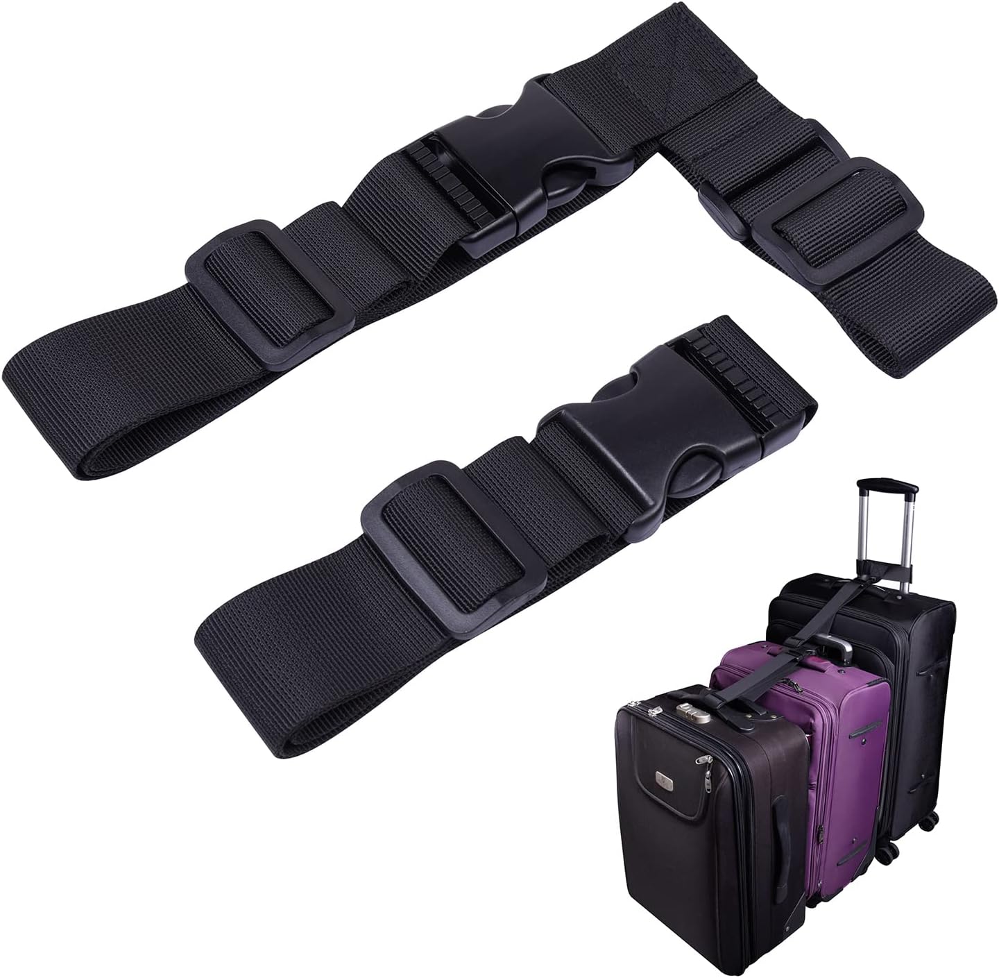 Wisdompro 2 Pcs Add a Bag Luggage Strap, Heavy Duty Adjustable Suitcase Belt Travel Attachment Travel Accessories for Connecting Your Luggage Together - Black (T-Type and Normal)