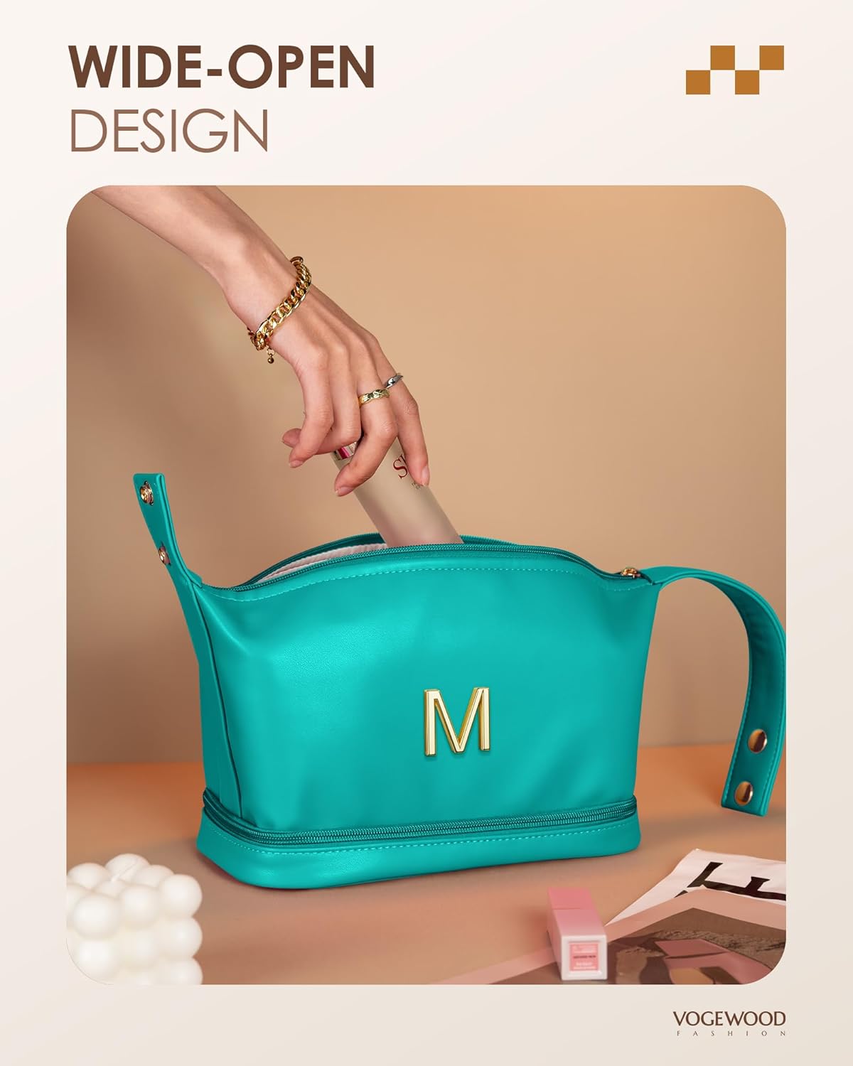 Gifts for Teenage Girls, Personalized Makeup Bag with Handle, Initial Double Layer Cosmetic Bag with Makeup Brush Organizer, Cute Cosmetic Pouch for Women, Gifts for Friends Female Mom
