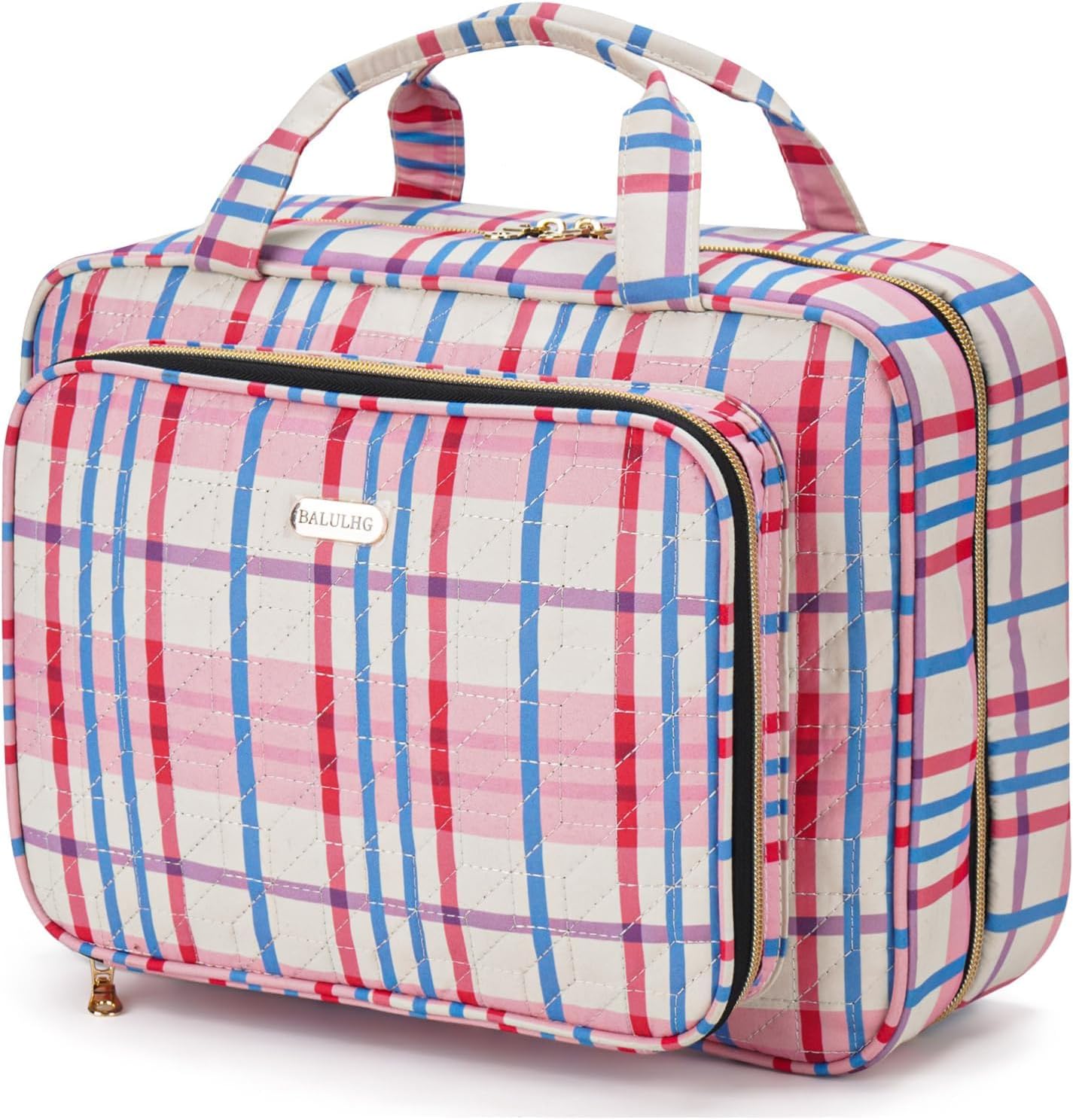 Travel Hanging Toiletry Bag for Women,Makeup Bag Cosmetic Organizer Waterproof with Hanging Hook Multiple Pockets for Women Travel Essentials Plaid Red