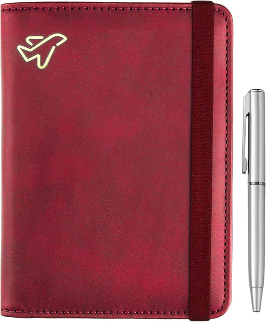 WALNEW Passport Holder for Travel, RFID Passport Cover Wallet for Women Men, PU Leather Passport Book Card Holder Case with Pen, Travelling Essentials for Flying