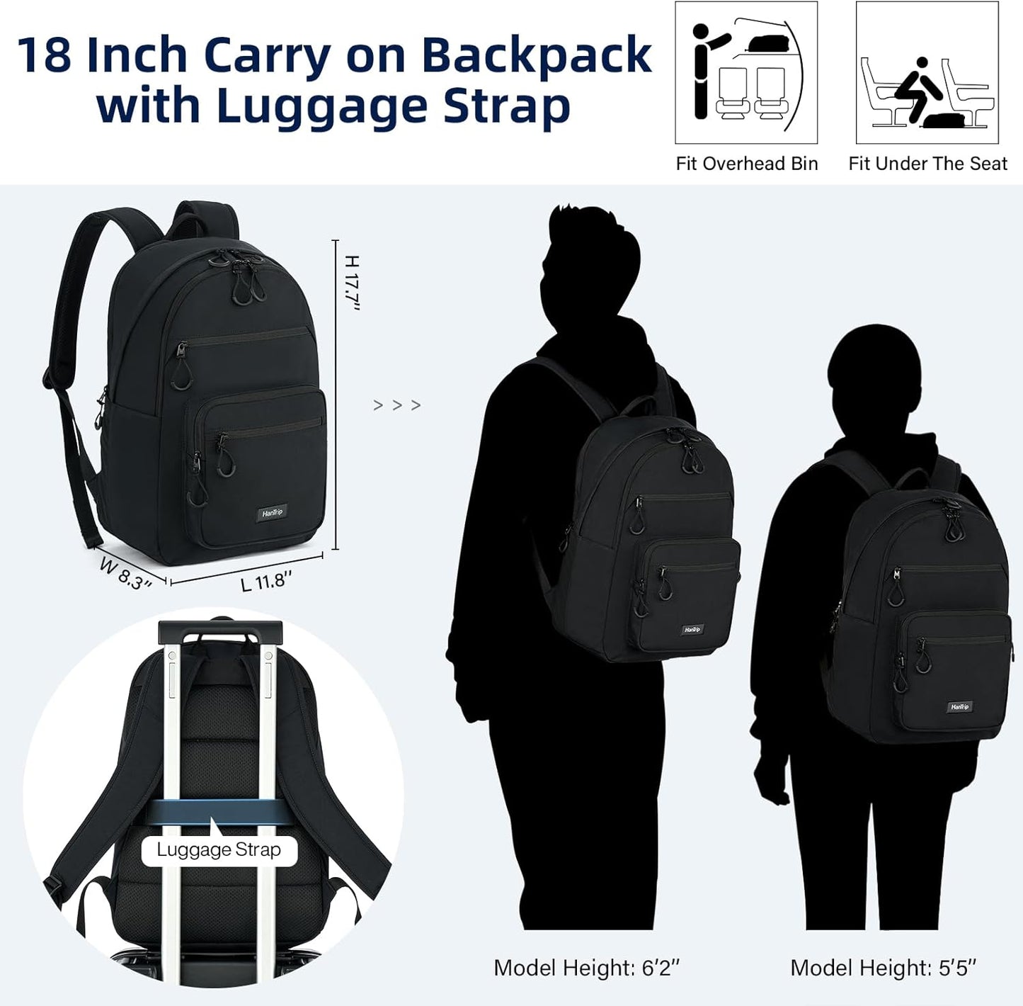Carry On Travel Backpack For Women, 18 Inch Water Resistant Large Backpack Lightweight Bookbag For Men, 8x14x18 Personal Item Bag Casual Daypack Backpacks For Work Office Commuter (Black)