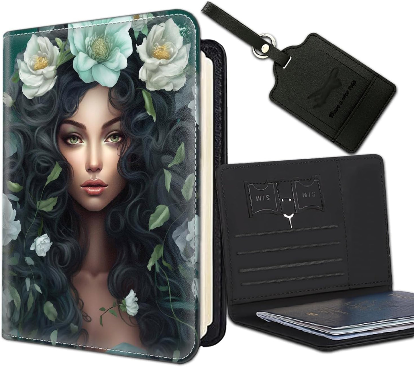 Passport Holder Women Wallet with Luggage Tag, Leather Passport Cover with RFID Blocking, Travel Accessories Multi Card Slot Passport Case for Men，Green Girl Flower