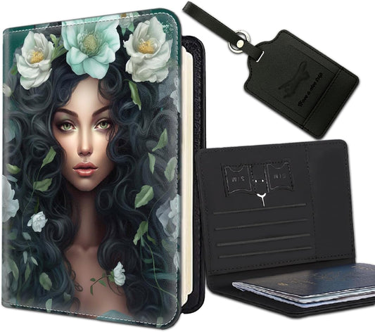 Passport Holder Women Wallet with Luggage Tag, Leather Passport Cover with RFID Blocking, Travel Accessories Multi Card Slot Passport Case for Men，Green Girl Flower