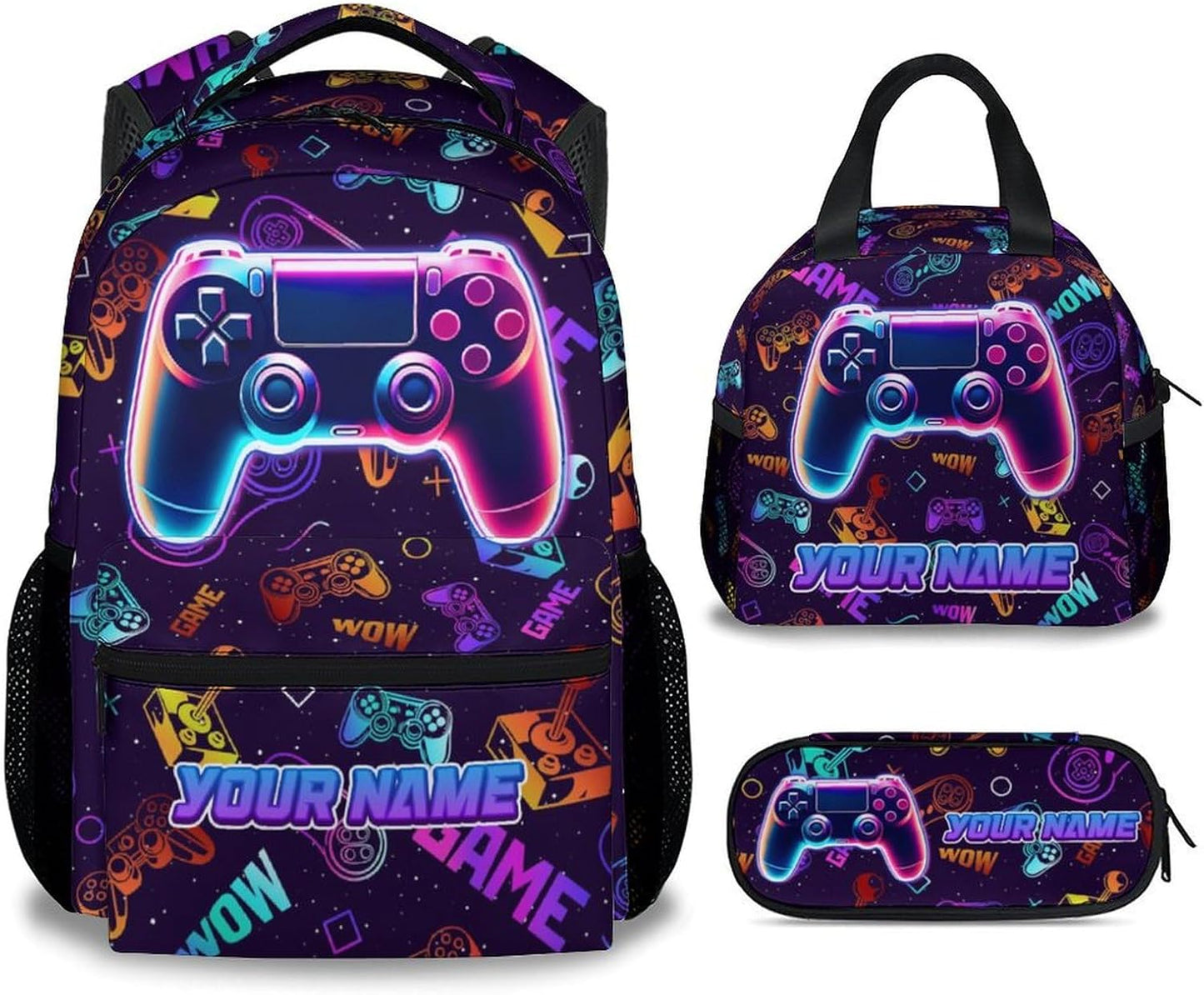 Kids Backpack with Lunch Bag and Pencil - 17 Inch Custom Gamer Backpack Set for Boys Girls - Personalized Cool Gaming School Bag for Primary Middle