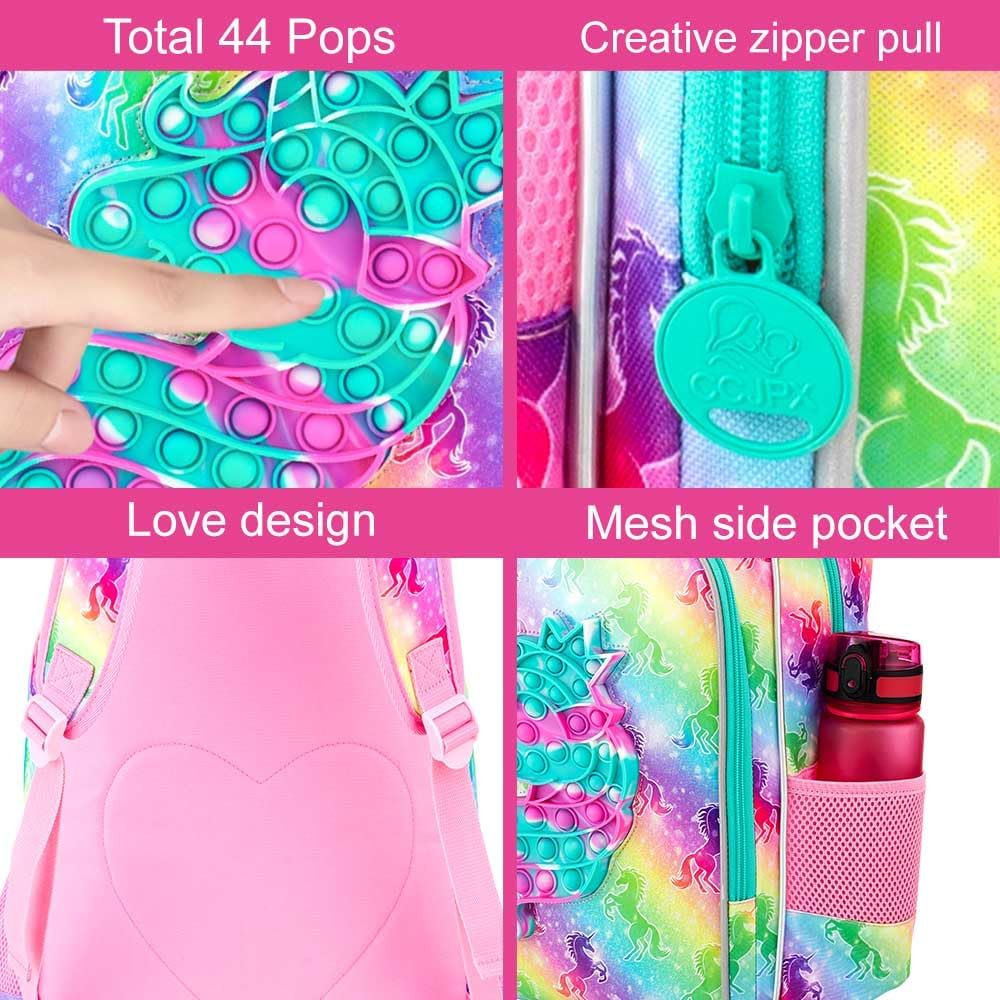 AGSDON 3PCS Backpack for Girls, 16'' Kids Unicorn Bookbag with Lunch Box, Kindergarten Backpacks for Elementary Toddler