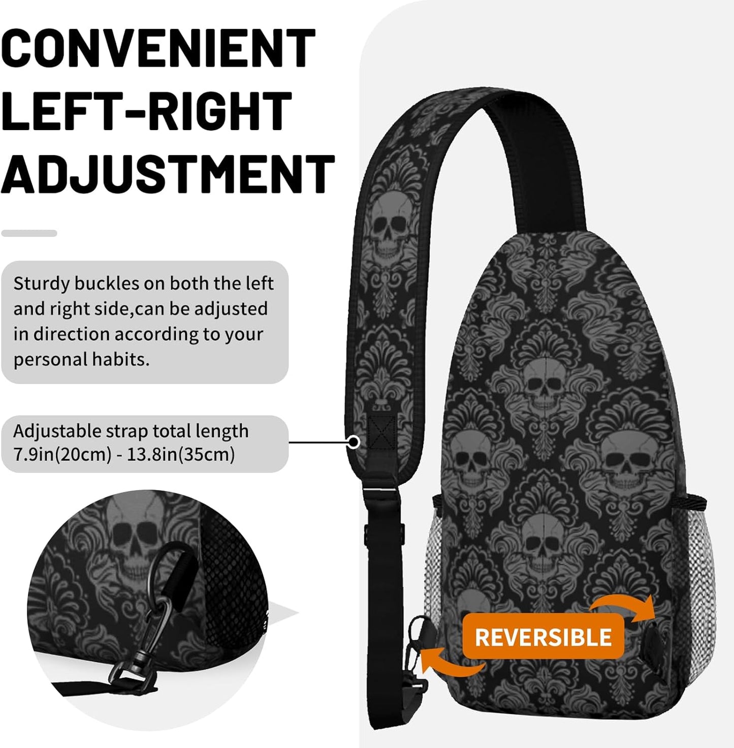Black Skull Sling Bag Crossbody Chest Bag for Women Men, Water Resistant Lightweight Casual Crossbody Bag with Adjustable Strap, Travel Hiking Daypack Shoulder Backpack