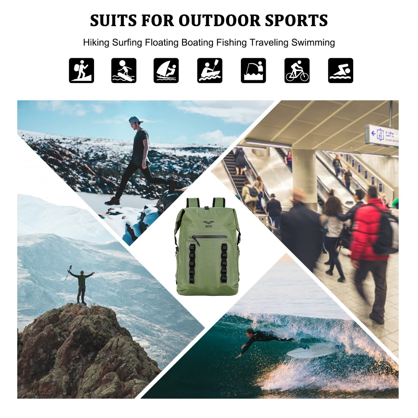 MIER Roll Top Waterproof Backpack Floating Dry Bag for Men Women, 30L Green