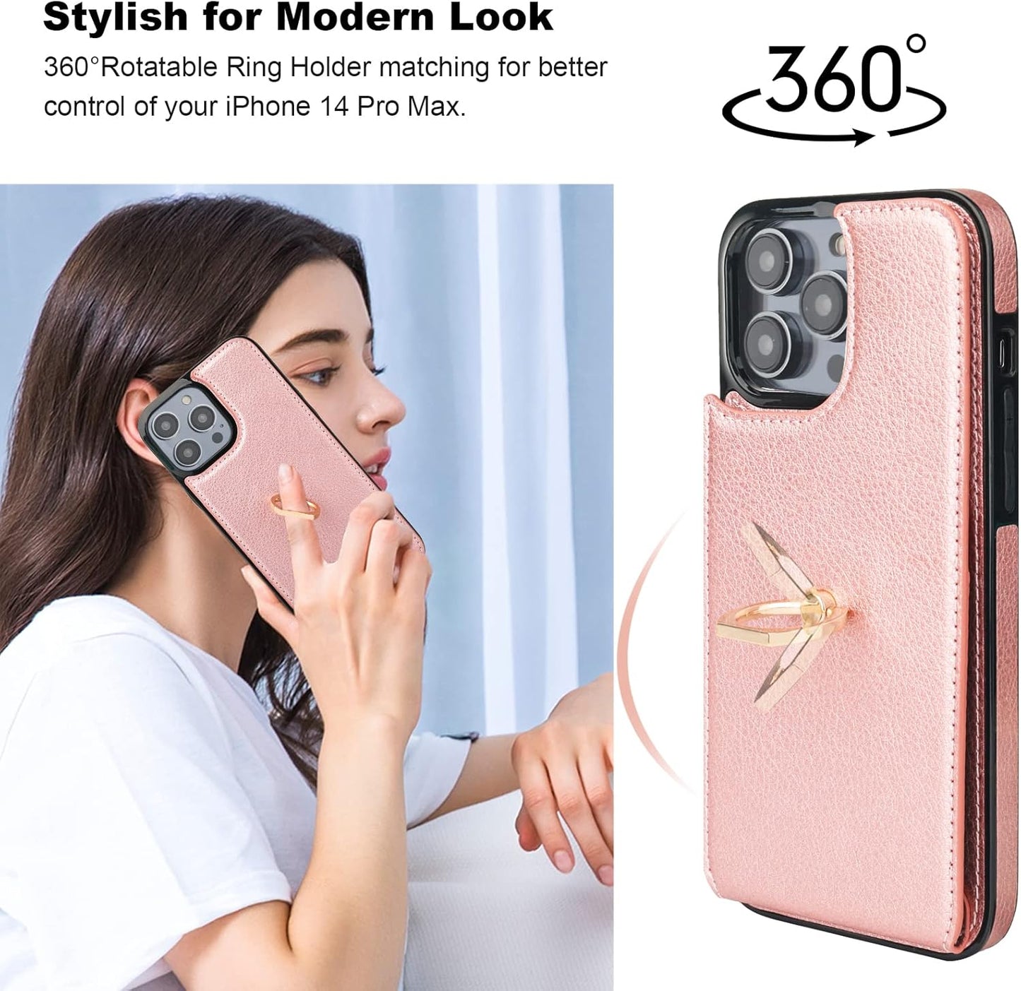 Folosu Compatible with iPhone 14 Pro Max Case Wallet with Card Holder, 360°Rotation Finger Ring Holder Kickstand, RFID Blocking Leather Protective Double Buttons Shockproof Cover 6.7 Inch Rose Gold