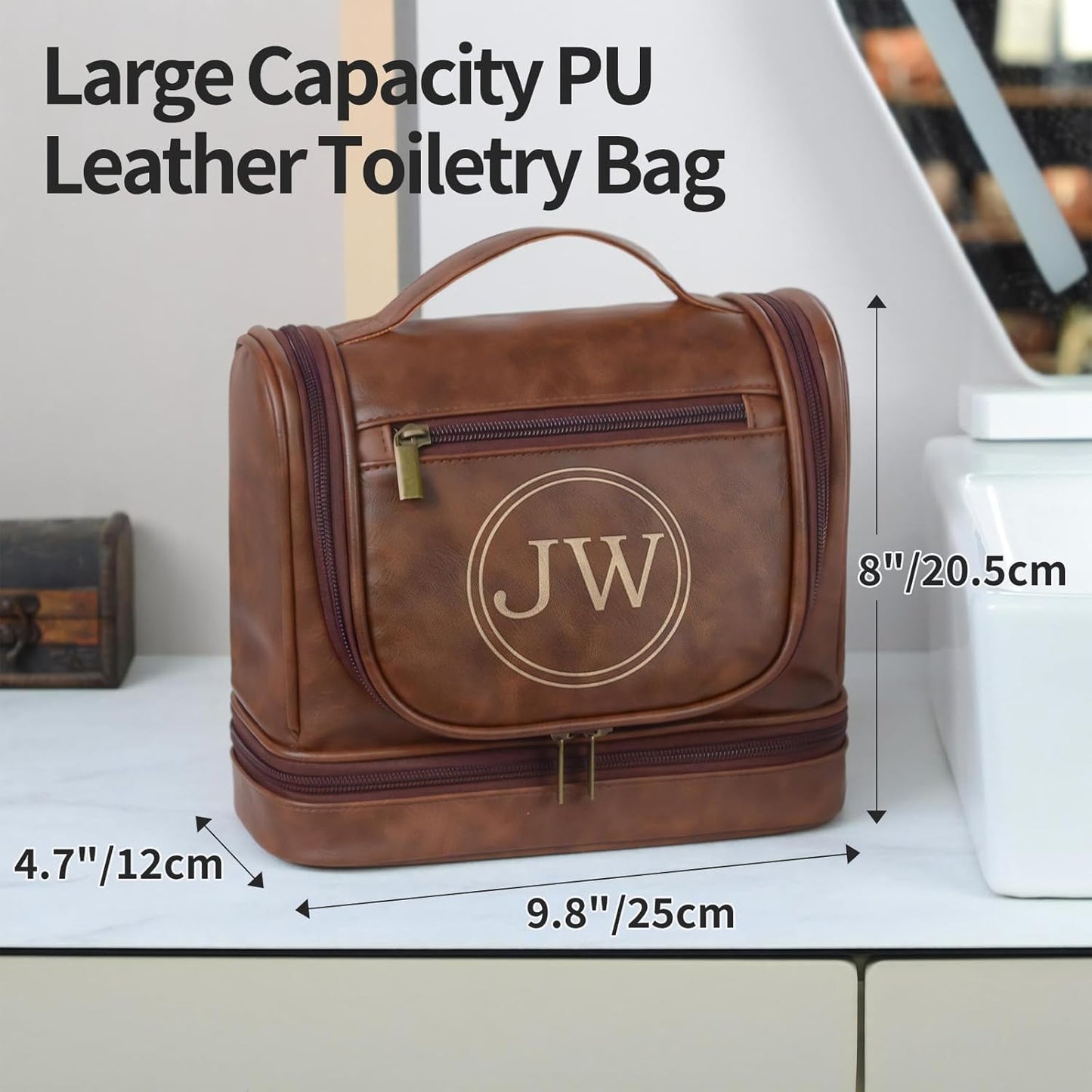 Personalized Hanging Toiletry Bag for Men, Large Capacity PU Leather Vintage Color Travel Dopp Kit, Gifts for Dad Husband Boyfriend Groomsmen, Engraved Custom Name, Birthday Xmas Wedding (Syle 4)