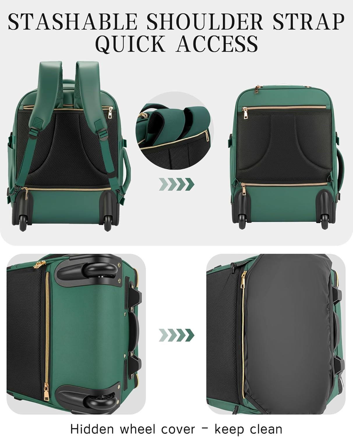 Carry On Backpack with Wheels for Adults, Airline Approved Rolling Backpack for Women, Foldable Bottom Travel Laptop Backpack (Deep Green)