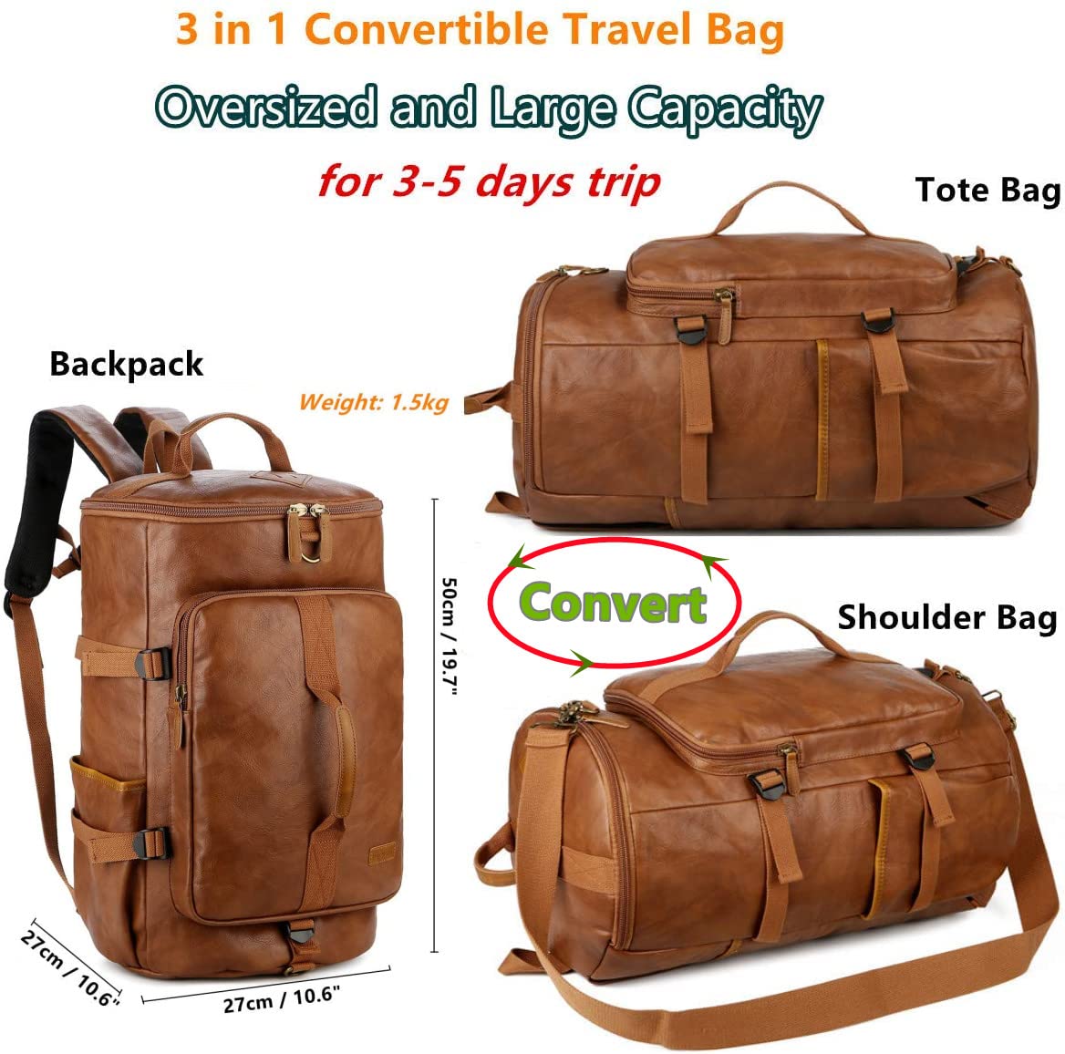 Baosha Stylish Vegan Leather Men Weekender Travel Duffel Tote Bag Backpack Travel Hiking Rucksack