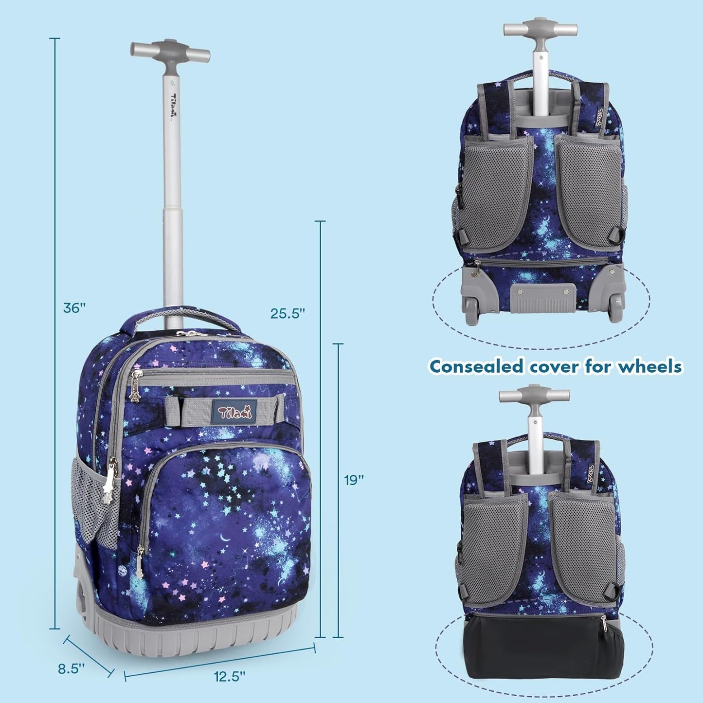 Rolling Backpack 19 inch Wheeled LAPTOP Boys Girls Travel School Student Trip… (Star Purple)