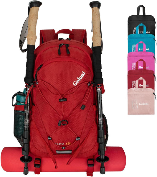 45L Hiking Backpack with Rain Cover, Lightweight Foldable Camping Backpack for Trekking, Water-Resistant Daypack with Hiking Pole & Mat Carrying System,Red
