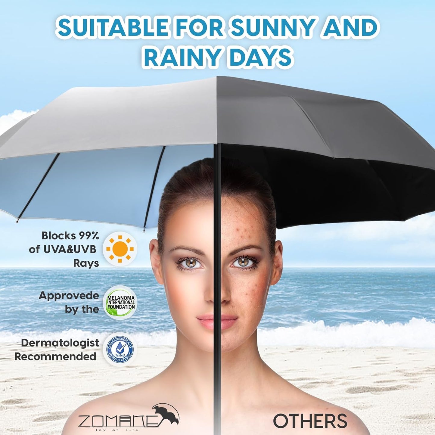 ZOMAKE UV Umbrella for Sun Protection UPF 50+,Travel Compact Sun Umbrellas UV Blocking Small Auto Open Portable for Walking