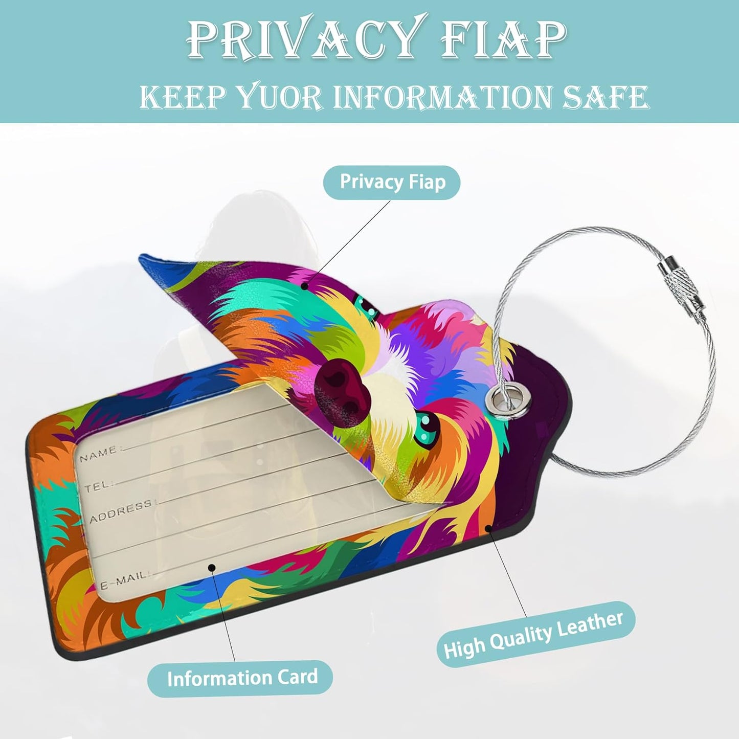 Luggage Tags for Suitcase,2 Pack Colorful Dog Abstract Luggage Tag PU Leather Privacy Cover ID Label with Stainless Steel Loop for Women Men Teens Travel