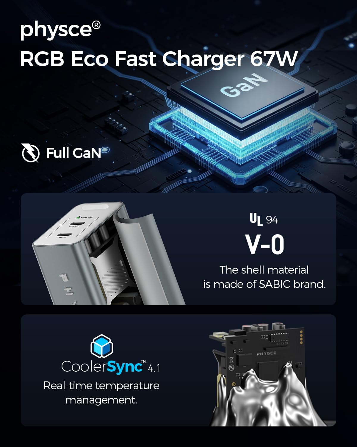 67W RGB Eco Fast Charger: 2-Port Type C Charger Compact Foldable Power Adapter for iPhone 11-17 Series, MacBook, Galaxy, iPad Pro, Apple Watch (Webb Gray)