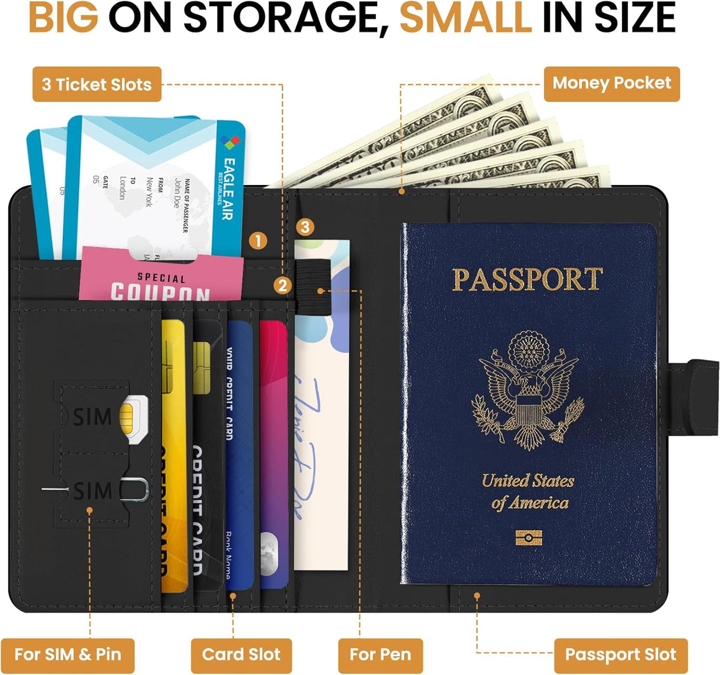 Passport Holder for Travel Essentials, RFID Blocking Leather Cover Wallet with Magnetic Closure, Aesthetic & Cute Passport Book Case for Women and Men - Black