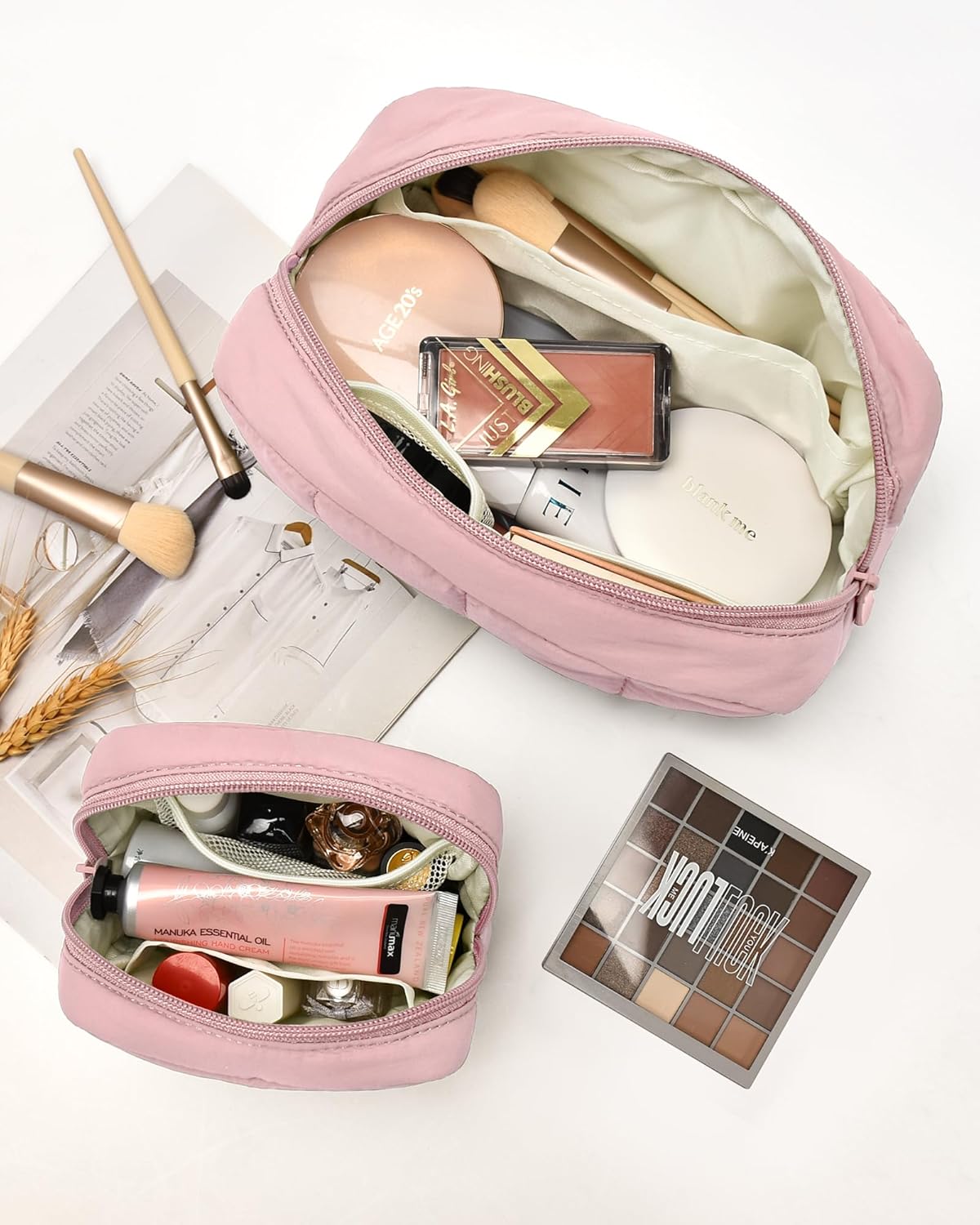 oscaurt 2 Pcs Makeup Bag Travel Toiletry Bag for Women Puffy Padded Cosmetic Pouch Purse Wide-open Makeup Organizer Case Travel Essentials