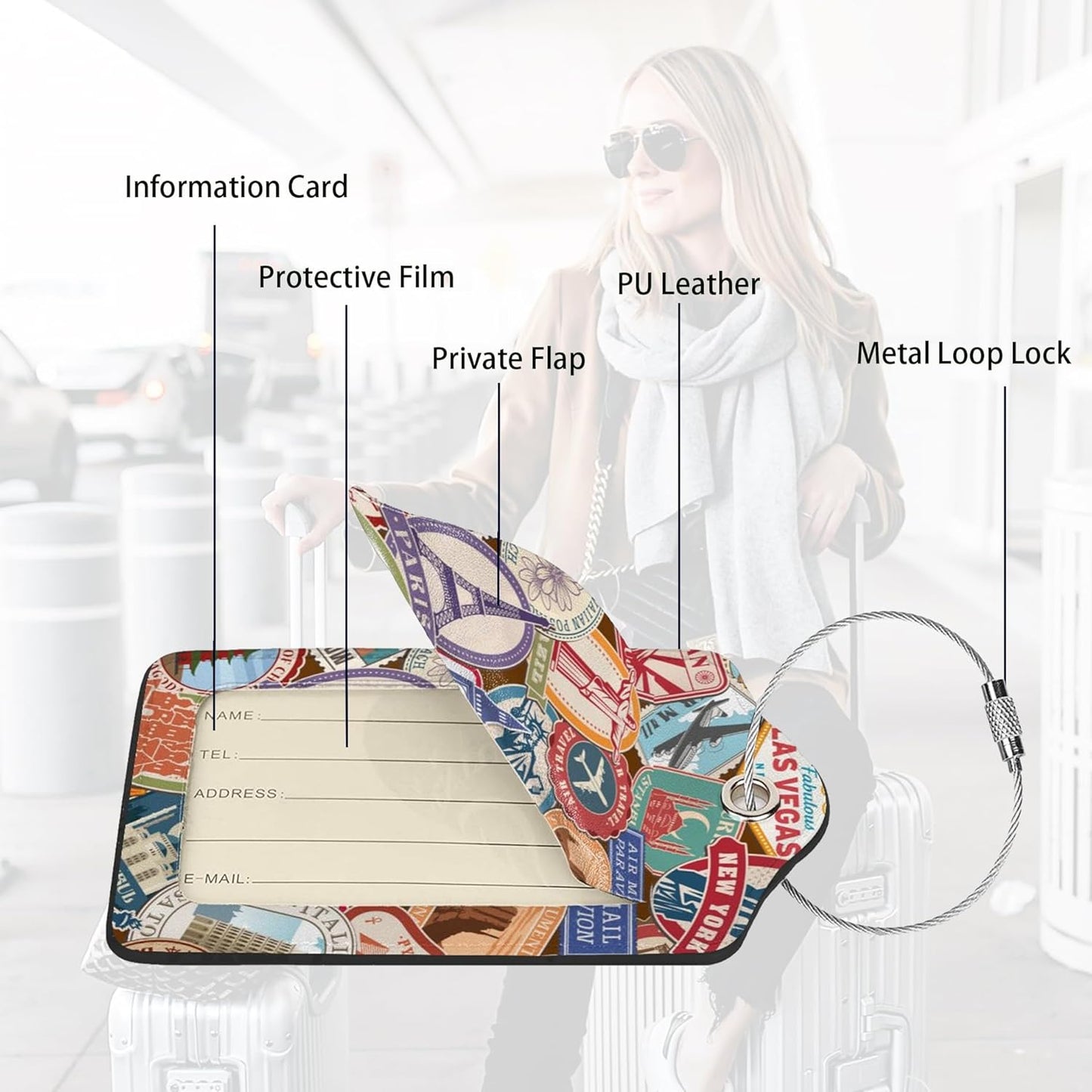 Travel Stamp 2 Pack Luggage Tags Travel PU Cute Leather Luggage Tag Name ID Labels with Privacy Cover Suitcases Women Men Girls Boys Fun Laggage Tags