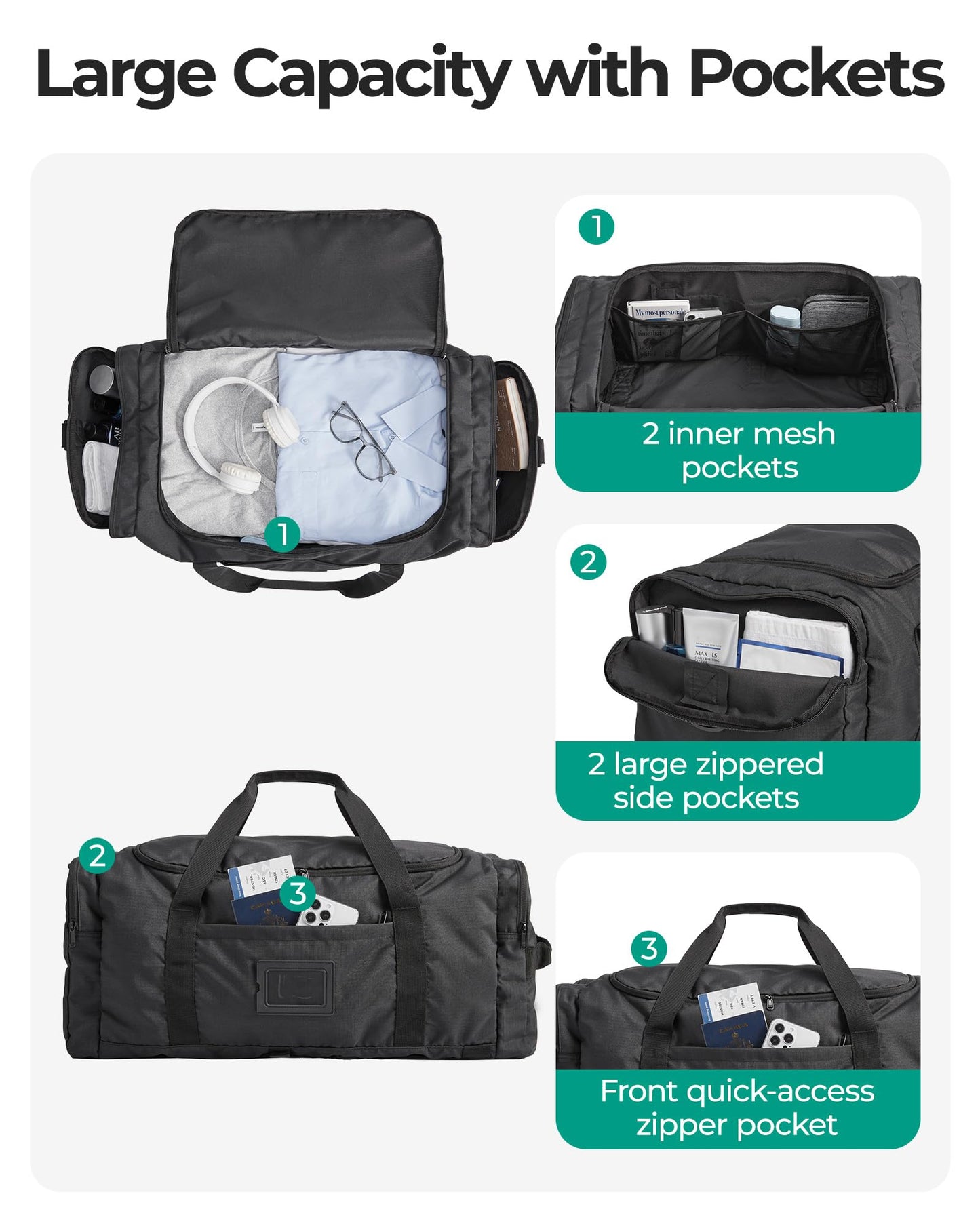 BAGSAMRT 60L Foldable Duffle Bag for Travel, Large Travel Duffel Bag for Men, 4 in 1 Travel
