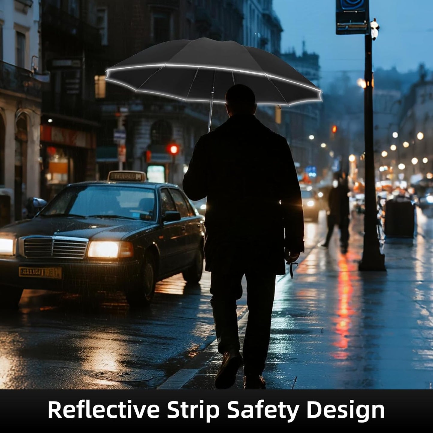50in Inverted Folding Travel Umbrella – Windproof 10Ribs Upside Down Umbrella with Carabiner Handle, Rain Sun Protection for Women Men (Black)