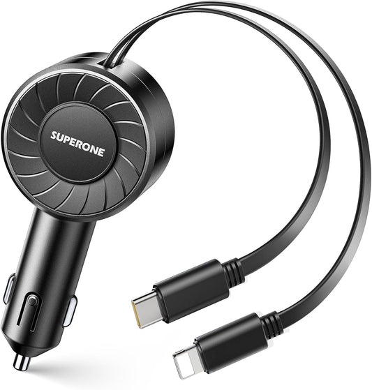 SUPERONE Retractable Car Charger with Retractable Cords, Small Fast Charge Retractable Car Phone Charger for iPhone and Android, Compatible with iPhone 17/16/15/14/13/12/11 Pro Max Samsung
