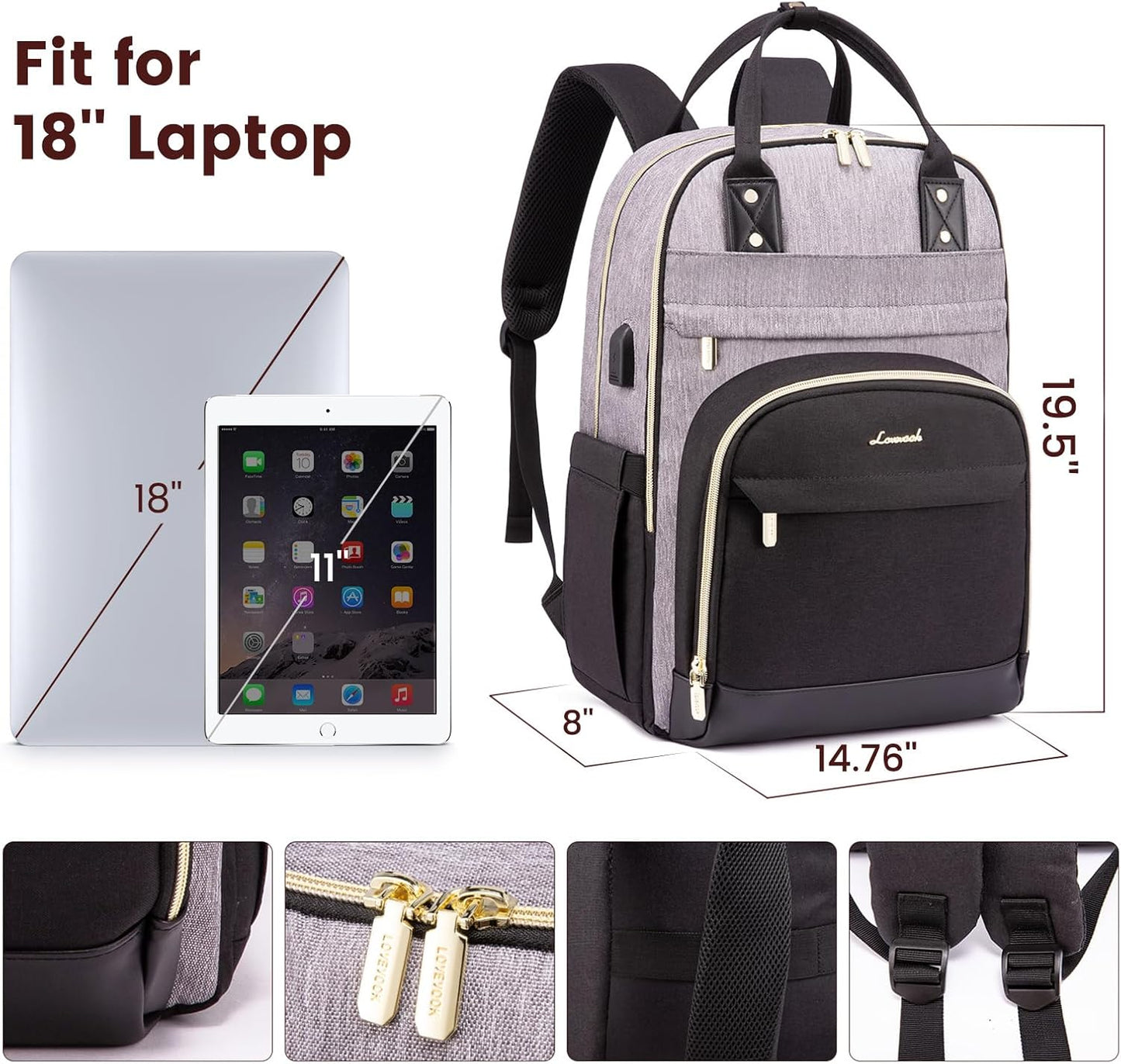 LOVEVOOK Backpack for Women,Laptop Backpack Women,Fits 18 Inch Laptop Bag,Fashion Travel Work Anti-theft Bag,Waterproof Business Computer College Teacher Backpack Purse Daypack, Grey-Black-Balck