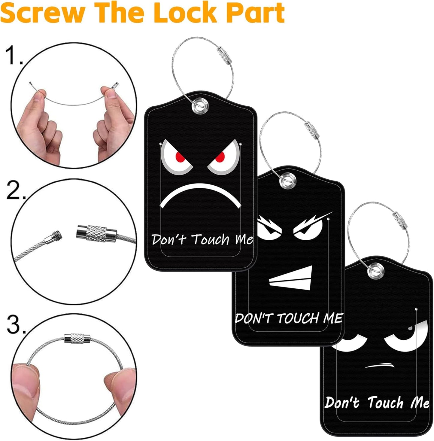 Don't Touch Me Luggage Tag for Suitcase 3 Pack Leather Luggage Tag with Privacy Flap Name ID Label and Metal Loop for Women Men Travel