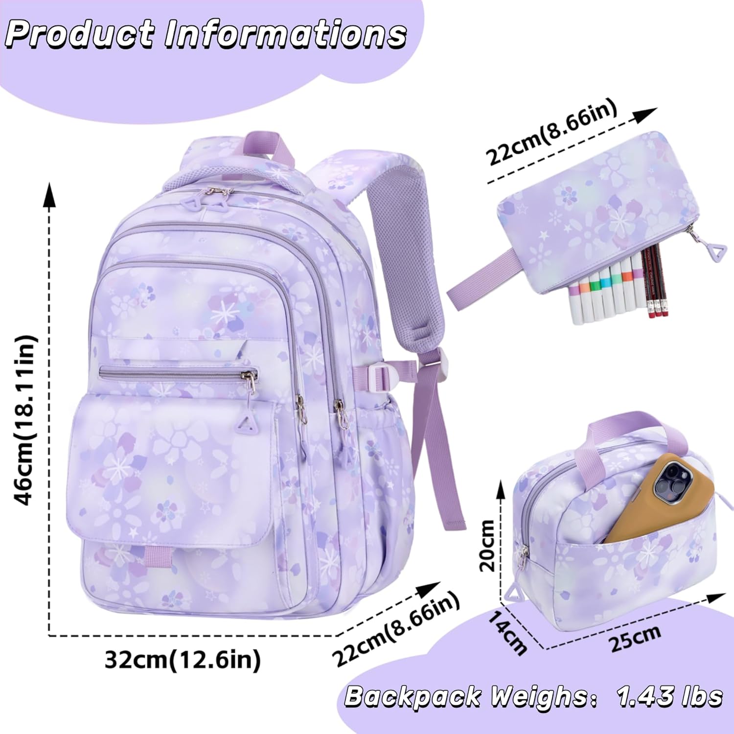 Kids Backpack for Girls Flower schoolbag with Lunch Bag & Pen Case Waterproof Girl Bookbag for