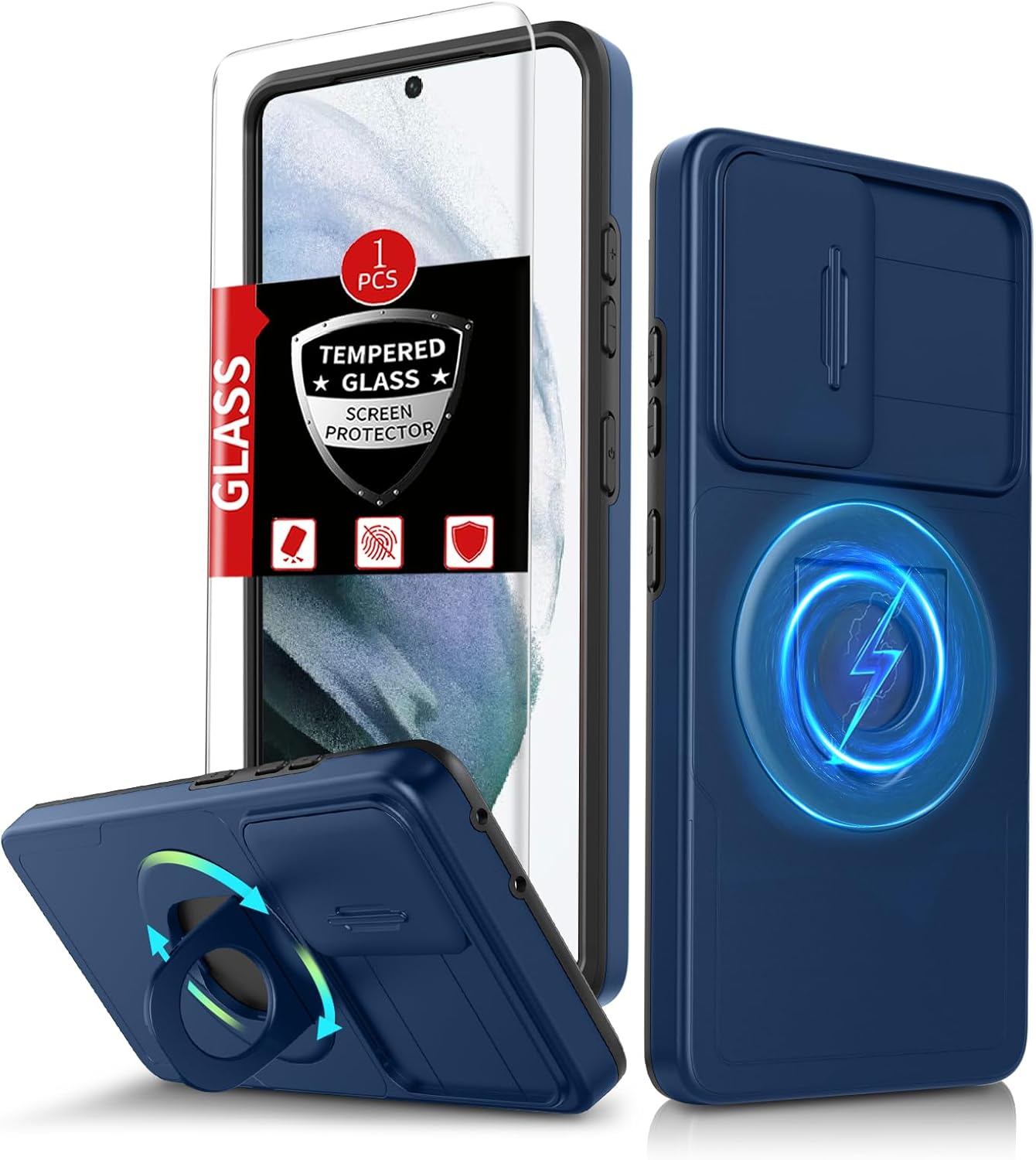 for Samsung Galaxy S21 Plus Case Magnetic Compatible with MagSafe Wireless Charging,with Screen Protector,for S21+Plus Case with Stand Ring+Camera Cover Shockproof Heavy Duty Protection Blue