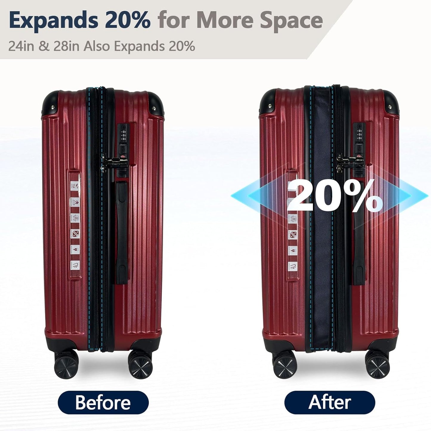 OUZZO Luggage,luggage sets 3 piece,travel carry-on luggage,hard sided luggage with spinner wheels,20/24/28-inch suitcases with corner protectors (Red, 20-24inch)
