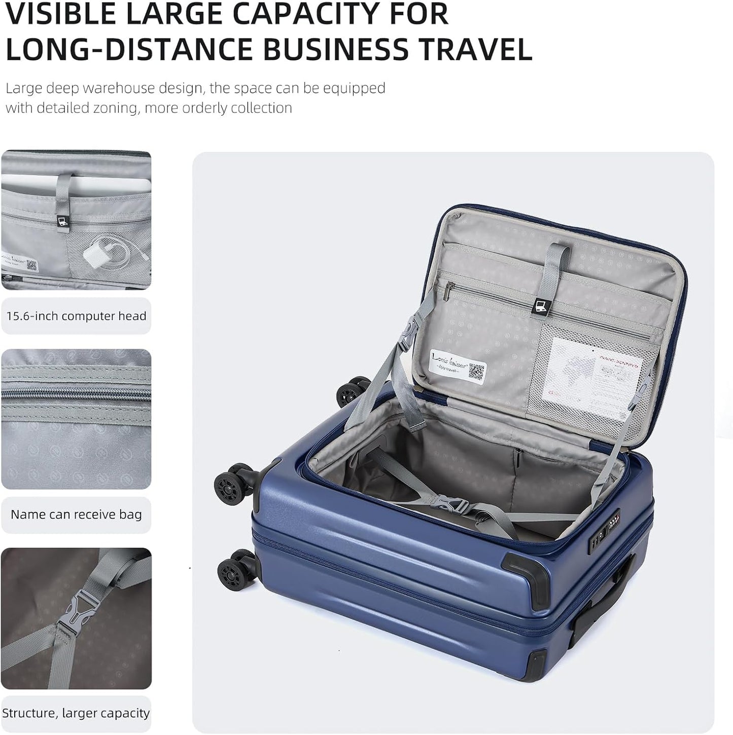 Carry On Luggage, 20 Inch Top Opening Aluminum Frame Lightweight Airline Approved ABS+PC Hard Shell Suitcases with Silent Wheels, TSA Lock, Front Pocket & Wet-dry Separated Six-piece Set (Dark Blue)