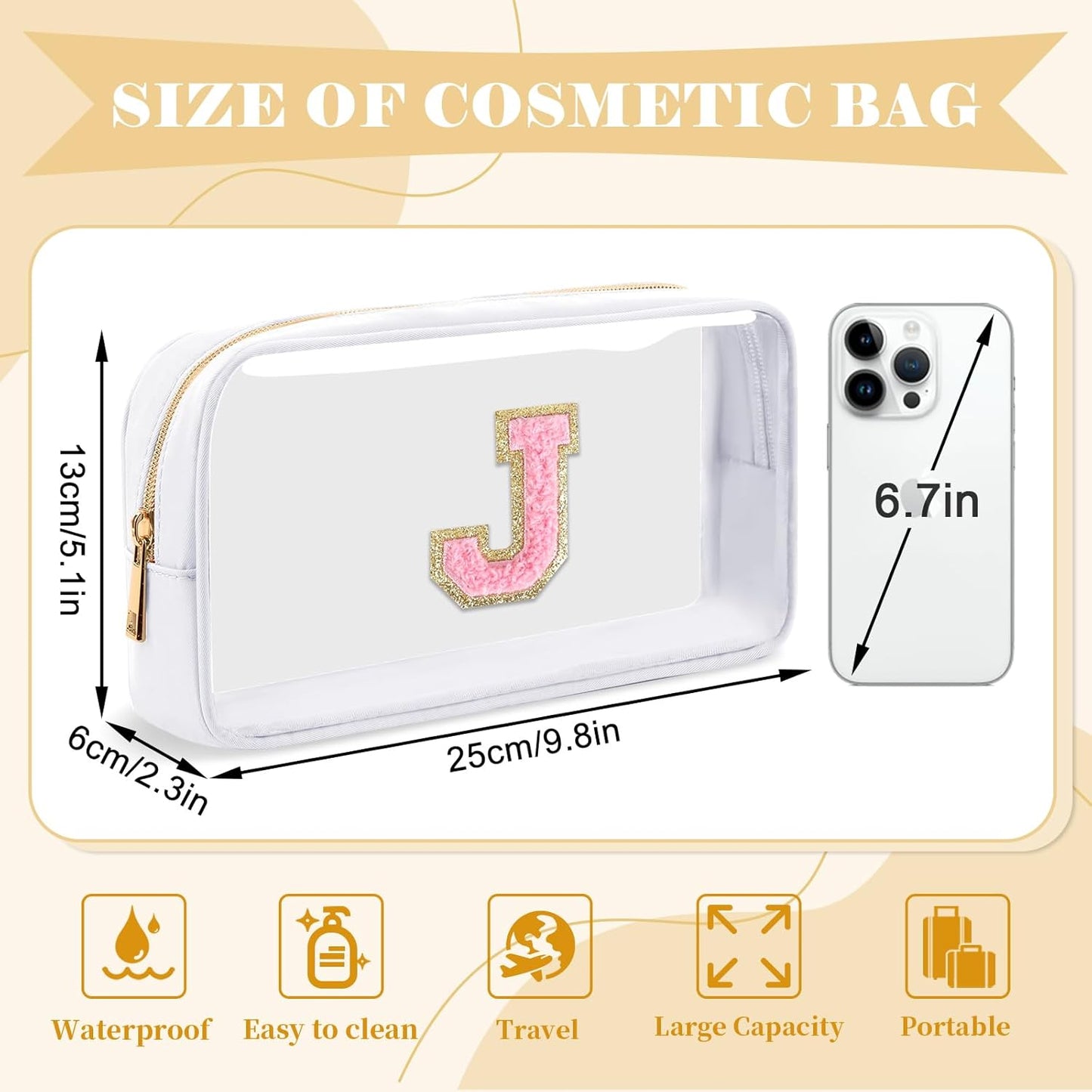 Personalized Initial Letter Clear Makeup Bag,Preppy Small Nylon&PVC Cosmetic Zipper Bag with Chenille Letter,Travel Skincare Toiletry Bag,Monogram Christmas Gift for Teen Girls Women,J