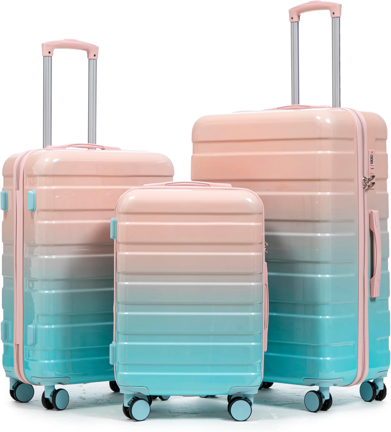 Campfun 3 Piece Luggage Sets, PC Gradient Color Suitcase Set with Double Spinner Wheels Hang Hook, Durable Carry On Luggage with Combination Lock, 20/24/28 inch, Pink+Blue
