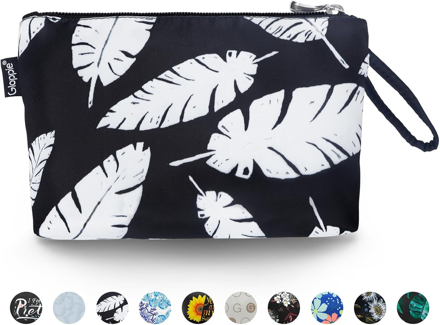 Gloppie Small Makeup Bag for Purse Compact Cosmetic Bag Zipper Make Up Pouch Purse Essentials Black White Leaves