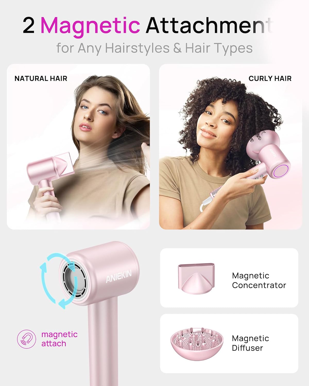 Hair Dryer, High-Speed Ionic Low Noise Blow Dryer for Fast Drying, Birthday Christmas Gifts for Women Men Mom Dad, Thermo-Control Quiet Compact Hair Blow Dryer for Travel Salon, Babypink