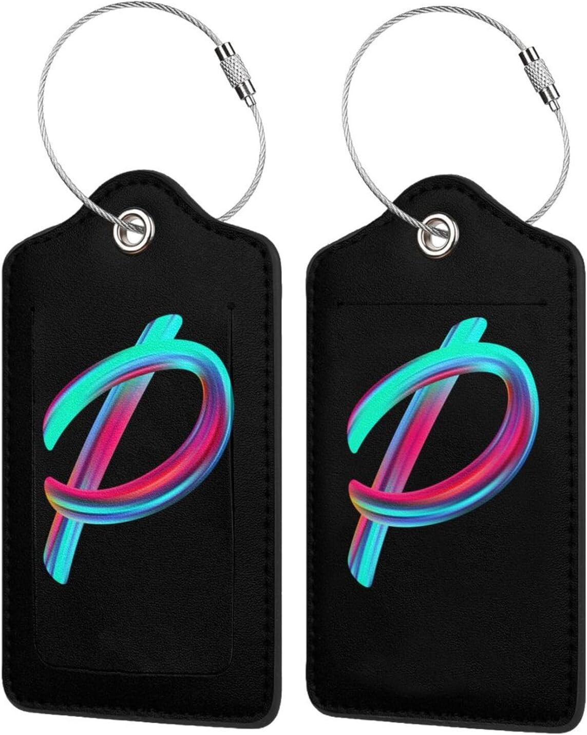 2 Pack Initial Luggage Tags for Suitcase, Colorful Letter Design Cruise Name Bag Tags, Novelty Baggage Identifiers with Full Privacy Cover, Leather ID Label for Women Men Kids Travel, Rainbow Letter P