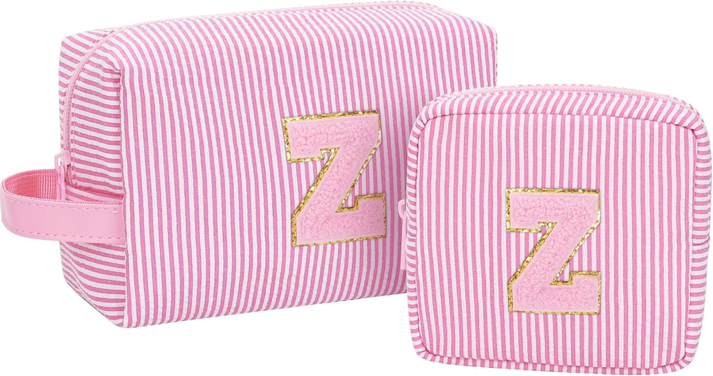 MONSTINA Personalized Initial Makeup Bag for Women,Make Up Case for Girlfriend Bridesmaid Wife,Birthday Gift for Her Cute Toiletry Bag,2PCS,Pink Z