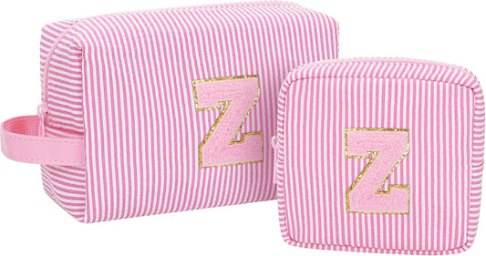 MONSTINA Personalized Initial Makeup Bag for Women,Make Up Case for Girlfriend Bridesmaid Wife,Birthday Gift for Her Cute Toiletry Bag,2PCS,Pink Z