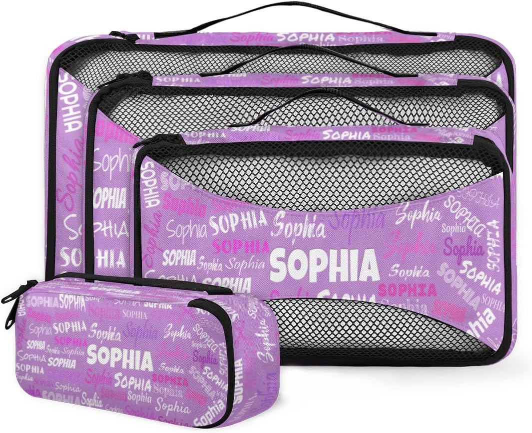 Custom Packing Cubes with Name, 4Pcs/Set Travel Luggage Packing Organizers Set for Women, Lavender Purple