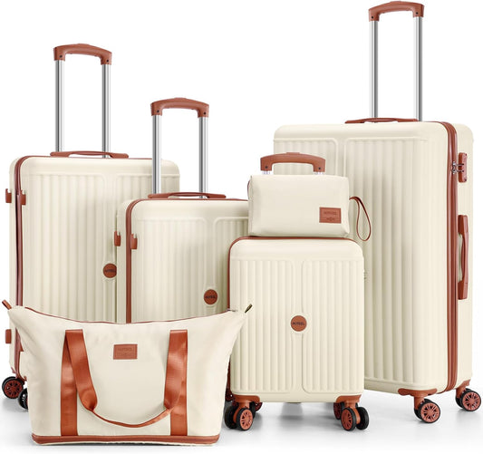 Hoteel Luggage Set 6-Piece, 4-Year Limited Warranty,Suitcases with Wheels,ABS PC Hardshell Suitcase, TSA Lock, Including Waterproof Luggage Bag, Travel Maletas for Men & Women,Beige